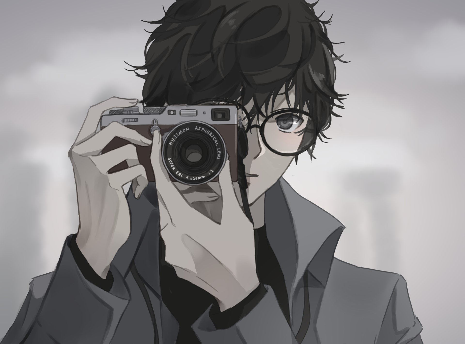 HD desktop wallpaper featuring Joker from Persona 5 with black hair and glasses, holding a camera in a detailed anime-style illustration.