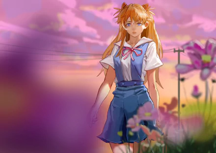 Anime wallpaper: Asuka Langley Sohryu with long orange hair and blue eyes in a school uniform, standing among pink flowers at sunset — Neon Genesis Evangelion 2K Quad HD desktop background.