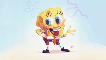 Stylized SpongeBob SquarePants from the TV show, grinning and striking a playful pose against a pastel underwater backdrop — 4K Ultra HD PC desktop wallpaper.