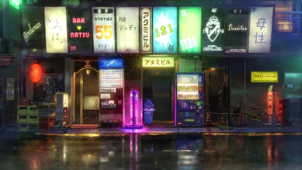 HD desktop wallpaper from the anime “Weathering with You” (Tenki no Ko), depicts a neon-lit street scene with glowing signs, vending machines, and a rainy atmosphere.
