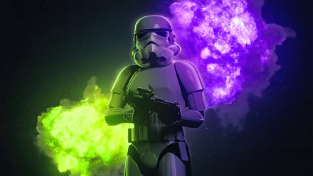 4K Ultra HD PC desktop wallpaper featuring a Star Wars stormtrooper in futuristic armor with vibrant green and purple smoke effects in a sci-fi setting.