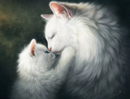 HD desktop wallpaper featuring a heartfelt moment of a white adult cat gently hugging a white kitten against a soft, dark background.