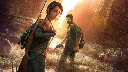 4K Ultra HD PC wallpaper featuring Joel and Ellie from the video game The Last of Us in a post-apocalyptic urban setting with warm, golden lighting.
