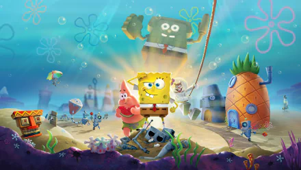 4K Ultra HD PC wallpaper featuring SpongeBob SquarePants, Patrick Star, and Plankton from the video game SpongeBob SquarePants: Battle for Bikini Bottom in Bikini Bottom.