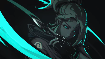 HD desktop wallpaper featuring Jett from the video game Valorant, showcasing dynamic artwork with striking blue hues and a detailed character design.