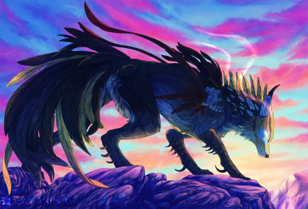 A majestic fantasy creature with dark feathers and glowing accents stands on rocky terrain against a vibrant sunset sky in 4K Ultra HD detail.
