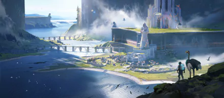 A stunning HD fantasy landscape featuring a colossal statue overlooking a vibrant city by the water, with bridges connecting various parts of the terrain under a misty sky.