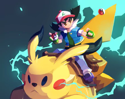 HD PC desktop wallpaper featuring Ash Ketchum riding Pikachu with a glowing Pokéball, set in a vibrant anime-style Pokémon scene.
