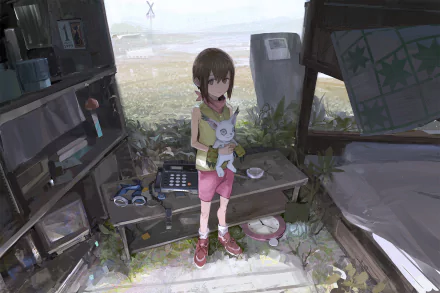 HD PC desktop wallpaper featuring a short-haired anime character from Digimon Adventure Tri, standing in a rustic, weathered setting with muted natural light.