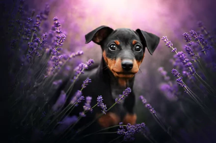 purple flower baby animal puppy dog Animal German Pinscher HD Desktop Wallpaper | Background Image
