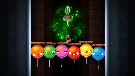 HD desktop wallpaper from 'Exit The Gungeon' featuring a character on colorful balloon platforms against a mystical backdrop.