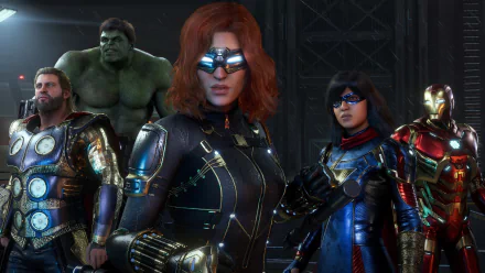 4K Ultra HD wallpaper featuring Kamala Khan, Hulk, Ms. Marvel, Iron Man, Black Widow, and Thor from the Marvel's Avengers video game.