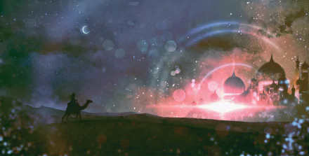 A vibrant anime-style night sky with a starry backdrop, a crescent moon, and glowing celestial elements above a silhouetted figure riding a camel near domed buildings.