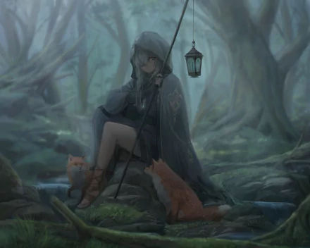 Anime-style image of a girl with a braid and hood, holding a lantern in a misty forest, sitting next to a fox. Suitable as HD desktop wallpaper.