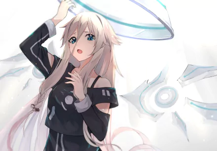 HD desktop wallpaper featuring IA from Vocaloid, an anime-style character with long blonde hair and blue eyes, set against a futuristic background.