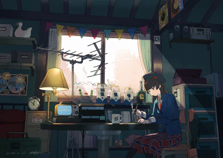 Anime-style HD desktop wallpaper depicting a character with brown hair and a hat writing at a desk in a cozy, softly lit room filled with vintage electronics and decor.
