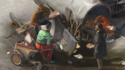 HD desktop wallpaper of Disco Elysium featuring characters engaging in discussion by a makeshift stall.