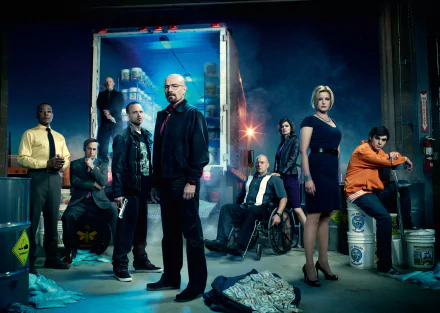 HD desktop wallpaper featuring main characters of the TV show Breaking Bad, posed dramatically in a gritty, industrial setting.