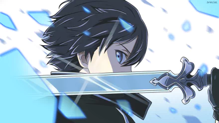HD desktop wallpaper featuring Kirito from Sword Art Online: Alicization, showcasing his black hair, blue eyes, and holding a sword. The image is tagged with sword, blue eyes, black hair, and anime.