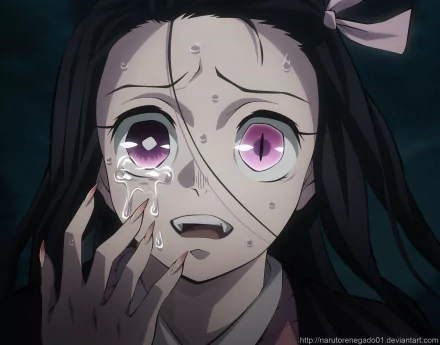 HD anime PC wallpaper featuring Shinobu Kochou from Demon Slayer: Kimetsu no Yaiba with detailed eyes and an emotional expression.