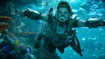 Aloy from Horizon Forbidden West underwater, featured in a vibrant 4K Ultra HD PC desktop wallpaper inspired by the Horizon video game series.