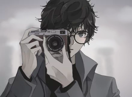 HD desktop wallpaper featuring Joker from Persona 5 with black hair and glasses, holding a camera in a detailed anime-style illustration.