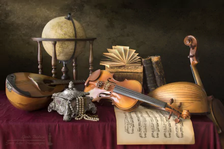globe necklace book violin sheet music mandolin photography still life HD Desktop Wallpaper | Background Image