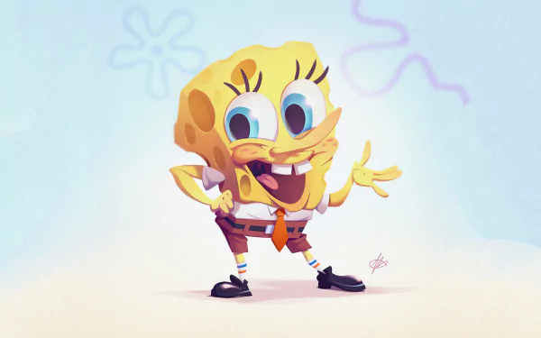 Stylized SpongeBob SquarePants from the TV show, grinning and striking a playful pose against a pastel underwater backdrop — 4K Ultra HD PC desktop wallpaper.