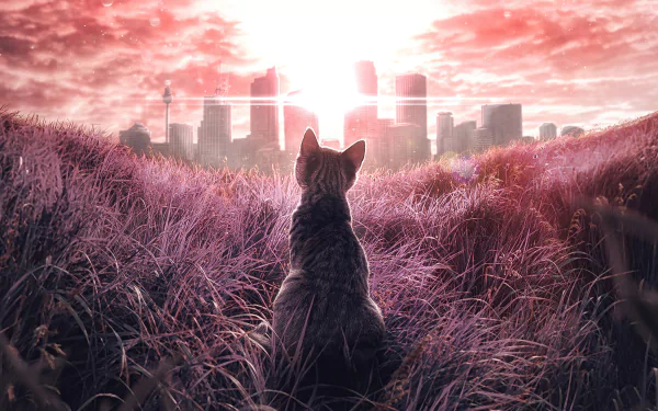 A tabby cat sits in the grass, gazing at a distant city skyline under a vibrant pink sunset, in this stunning HD desktop wallpaper.