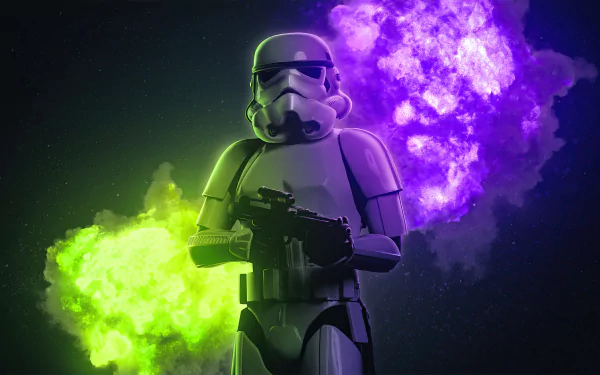 4K Ultra HD PC desktop wallpaper featuring a Star Wars stormtrooper in futuristic armor with vibrant green and purple smoke effects in a sci-fi setting.