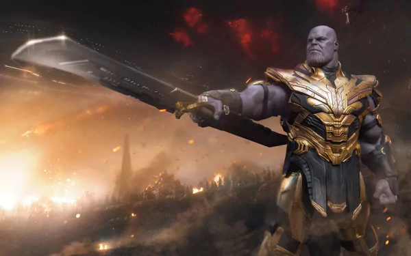 Thanos in detailed armor wielding a massive sword amid a fiery battlefield, a 4K Ultra HD Avengers EndGame movie desktop wallpaper.
