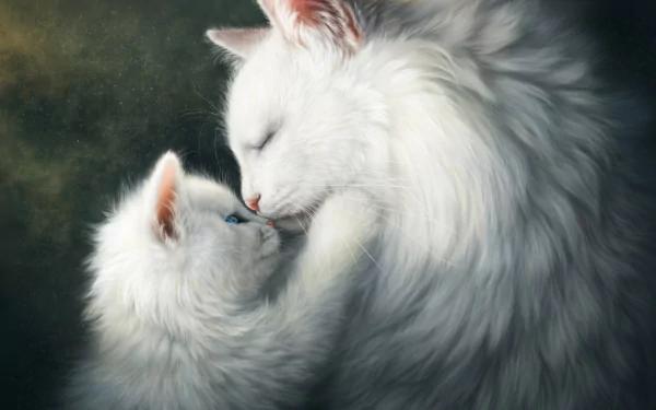 HD desktop wallpaper featuring a heartfelt moment of a white adult cat gently hugging a white kitten against a soft, dark background.