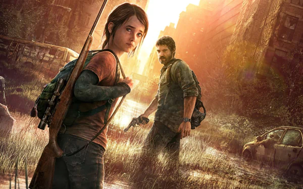 4K Ultra HD PC wallpaper featuring Joel and Ellie from the video game The Last of Us in a post-apocalyptic urban setting with warm, golden lighting.
