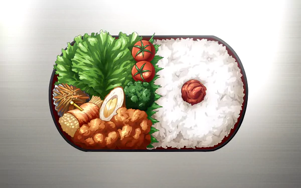 8K Ultra HD anime-style desktop wallpaper featuring a detailed bento box with rice, pickled plum, fried chicken, vegetables, and cherry tomatoes from Kaguya-sama: Love is War.