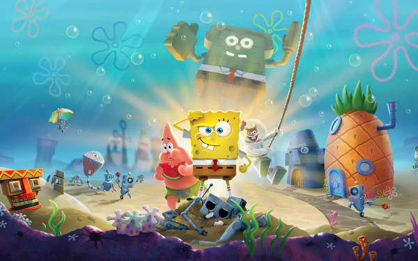 4K Ultra HD PC wallpaper featuring SpongeBob SquarePants, Patrick Star, and Plankton from the video game SpongeBob SquarePants: Battle for Bikini Bottom in Bikini Bottom.