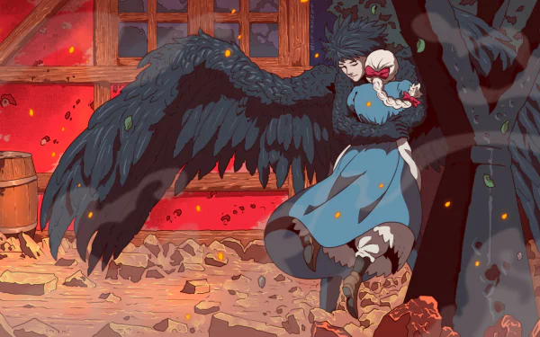 HD anime wallpaper featuring Howl Jenkins Pendragon carrying Sophie Hatter from Howl's Moving Castle amidst a fiery, rubble-strewn background.
