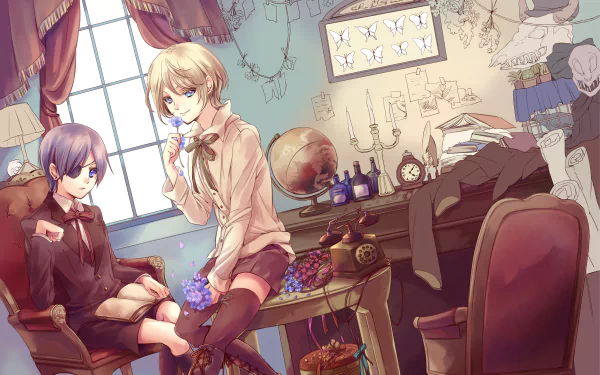 Ciel Phantomhive and Alois Trancy from Black Butler sit in a cluttered Victorian study, anime 2K Quad HD PC desktop wallpaper.