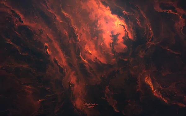 HD desktop wallpaper depicting a sci-fi themed orange nebula in space, featuring swirling cosmic clouds with an intense, otherworldly glow.