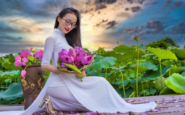 Women Asian Model Pink Flower Black Hair HD Wallpaper | Background Image