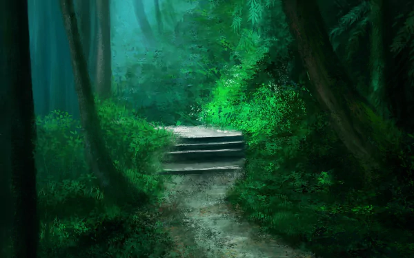 HD desktop wallpaper featuring a serene forest path surrounded by lush greenery, leading towards a set of stone steps immersed in nature's tranquility.