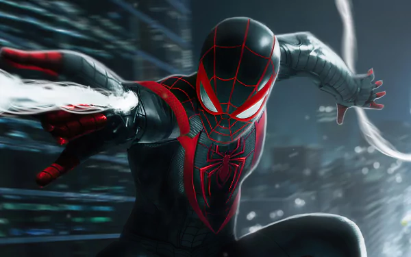 4K Ultra HD PC wallpaper of Miles Morales as Spider-Man in action, from the video game Marvel's Spider-Man: Miles Morales, showcasing his dynamic pose in the city at night.