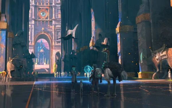 Sci-fi scene with people and towering armored beasts walking through a grand futuristic palace — 2K Quad HD PC desktop wallpaper and background.