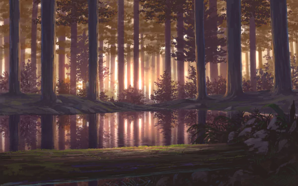 HD anime wallpaper of a serene lake surrounded by tall trees in a forest, with sunlight filtering through, creating a tranquil atmosphere.