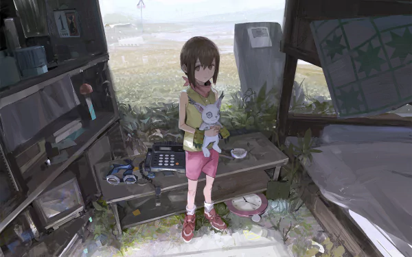 HD PC desktop wallpaper featuring a short-haired anime character from Digimon Adventure Tri, standing in a rustic, weathered setting with muted natural light.