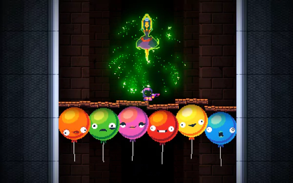 HD desktop wallpaper from 'Exit The Gungeon' featuring a character on colorful balloon platforms against a mystical backdrop.