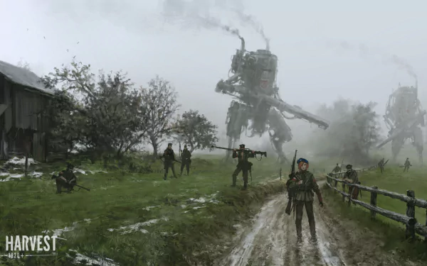 HD Iron Harvest desktop wallpaper featuring soldiers and mechs on a battlefield.