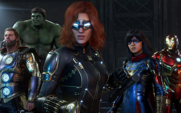 4K Ultra HD wallpaper featuring Kamala Khan, Hulk, Ms. Marvel, Iron Man, Black Widow, and Thor from the Marvel's Avengers video game.