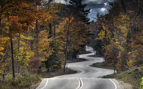 4K Ultra HD PC desktop wallpaper: winding man-made road through an autumn forest, curving asphalt framed by vibrant fall foliage under a brooding sky.
