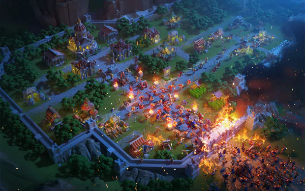 HD wallpaper featuring a vibrant battle scene from Rise of Kingdoms with detailed structures and armies clashing by night.