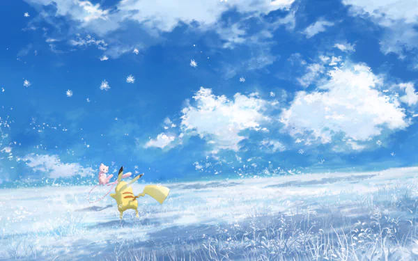 Anime desktop wallpaper depicting Pikachu and Mew from Pokémon against a bright blue sky with fluffy white clouds.